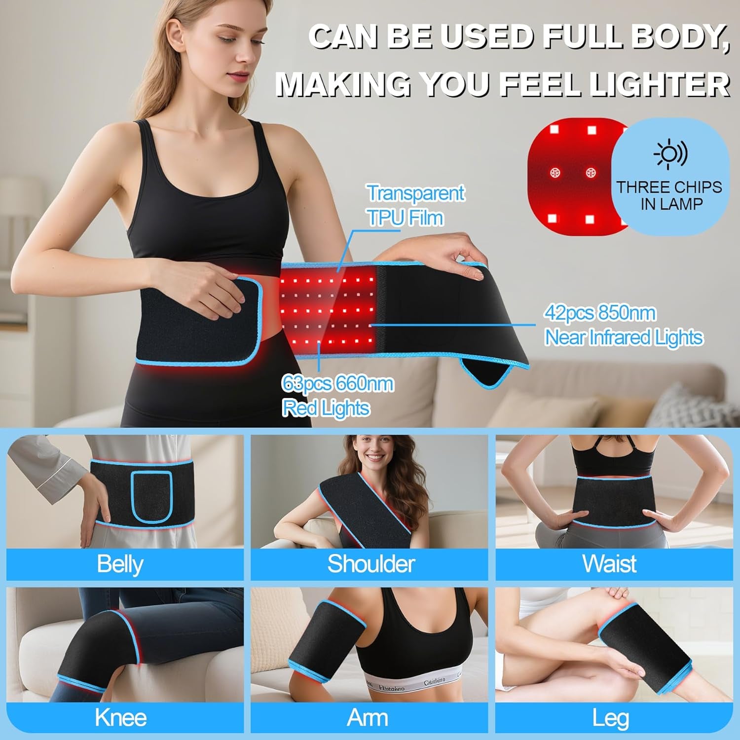 Red Light Belt, Red Light for Body,660Nm & 850Nm Infrared Light Wrap Belt,Red Light Device with Upgraded 3 in 1 Led Beads,Red Light Belt with Timer